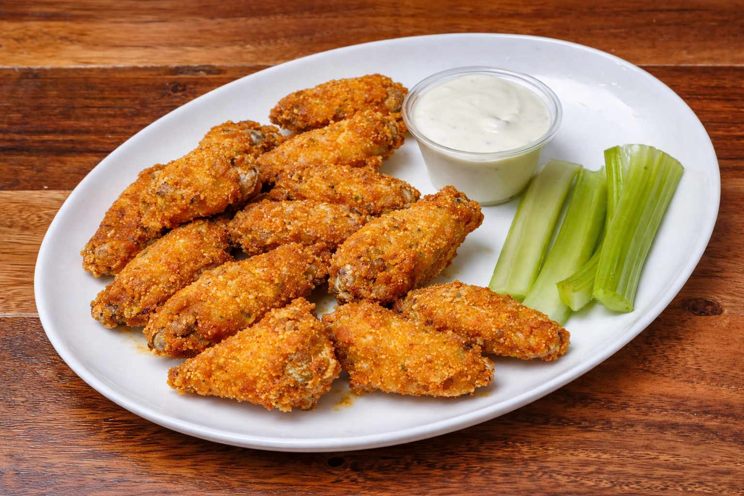 Crispy breaded chicken wings with ranch dipping sauce and celery, made fresh at Pizza Perfectta in Pittsburgh