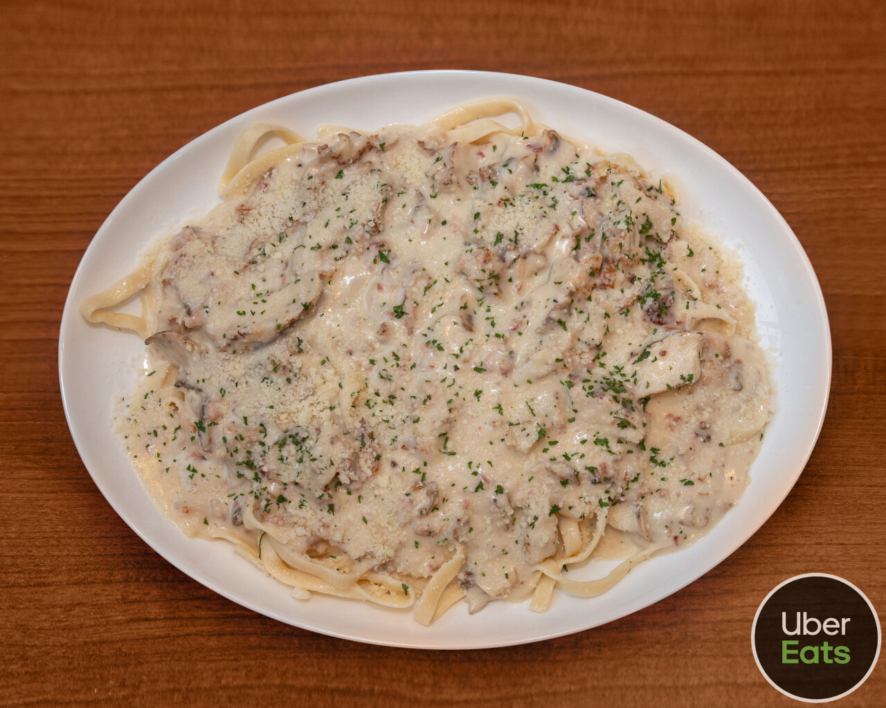 Chicken carbonara fettuccine pasta dish from Pizza Perfectta Shadyside Pittsburgh